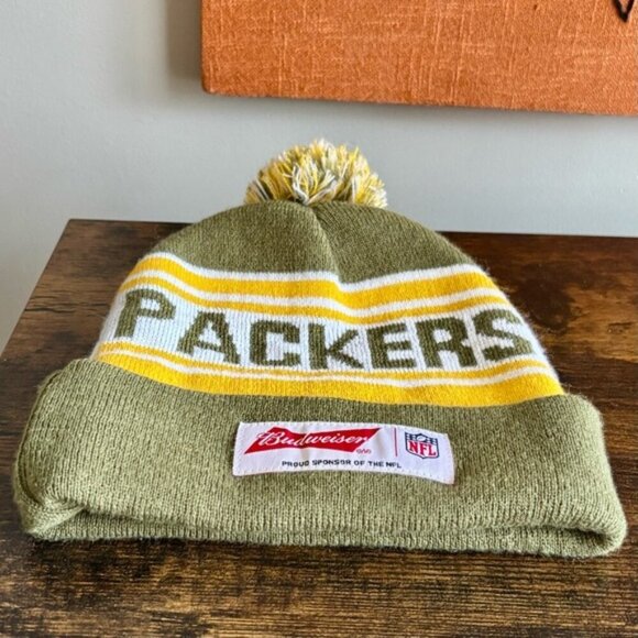 NFL| Budweiser Green Bay Packers Green/Gold Knit Beanie Toque Pom Pom Adult O/S - Picture 4 of 5